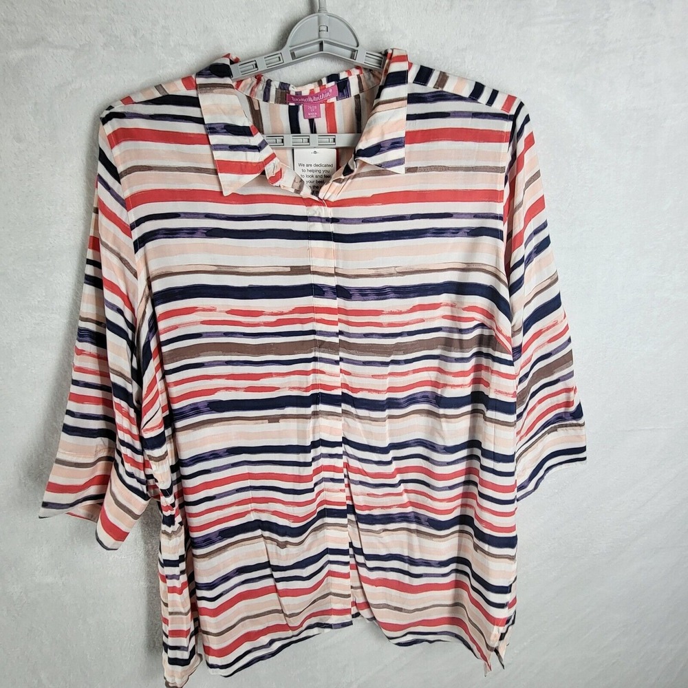Woman Within Button Up Tunic Shirt Women Size 2X‎ Multicolor Stripe 3/4 Sleeves